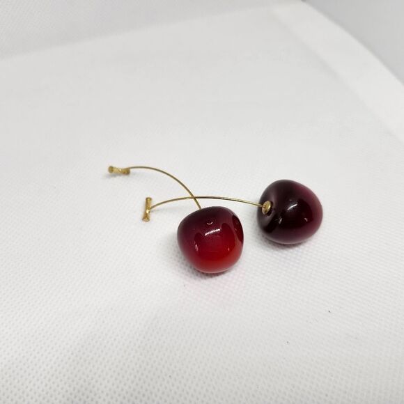 Cherry Drop Earrings Dangle Gold Brushed Sterling Silver Hook Statement Jewelry - Picture 4 of 8